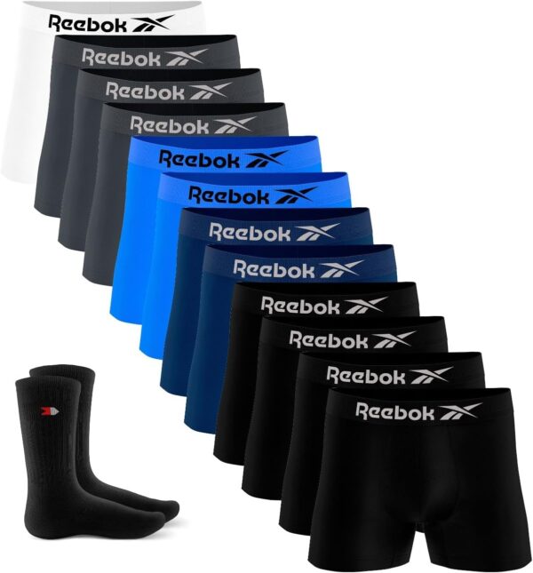 Kit 12 Cuecas Boxer Reebok Masculinas Microfibra, Adulto, Box Sem Costura + 2 Meias