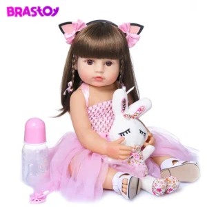 Brastoy 55cm Boneca Bebê Reborn Menina 100% Silicone Pode Tomar Banho Coelho Rosa